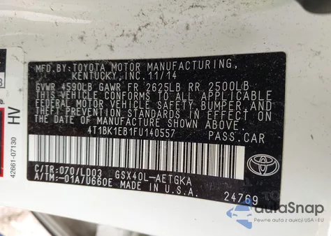 2015 Toyota Avalon Xle z USA, uszkodzony, nr VIN 4T1BK1EB1FU140557